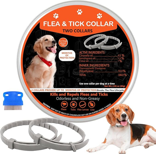 Flea Collar for Dogs, 2 Pack Collar for Dogs, 12 Months Protection, Waterproof, Adjustable One Size Fits All, Dark Orange
