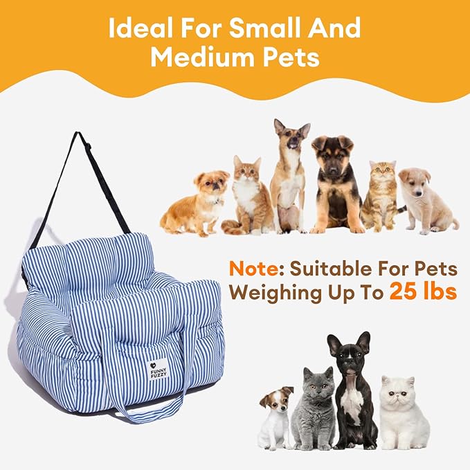 Funny Fuzzy Dog Car Booster Seat for Small Medium Dogs Up to 25lbs, Waterproof Fabric with Non-Slip Base & Safety Leash, Fully Detachable & Machine Washable (Light Blue)