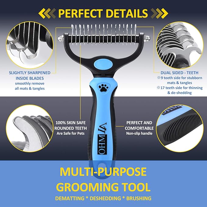 OHMLA dematting Tool for Dogs/Cats-Double-Sided Cat and Dog Grooming Rakes/Easily Remove 99% Tangles/No More Hairs That Make You Hate Falling and Flying-Suitable for People who own Cats and Dogs(Blue)