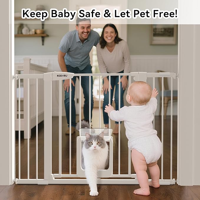 30 Inch Tall Dog Gate with Cat Door, Adjustable Width (29.7-57 Inches) for Doorways, Hallways & Stairs, Pressure-Mounted Walk-Through Dog Gate with Auto-Close & Double Lock Safety（White）
