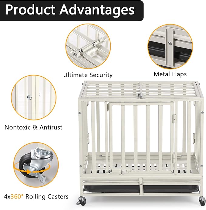 24 Inch Heavy Duty Dog Crate Cage Escape Proof Steel Kennel for High Anxiety Dogs with Sturdy Locks and Removable Tray, Small Dog Crate, White