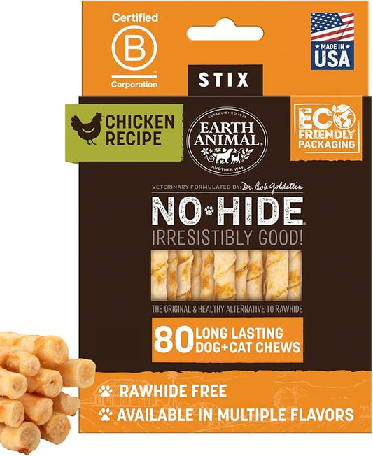 Earth Animal No Hide Stix - Long Lasting Rawhide Free Small Dog Chews Sticks, Chicken - 80 Count Extra Value Pack