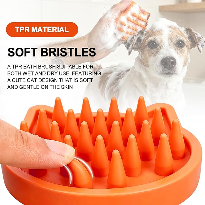 Orange Cat-Shaped Dog Bath Brush Dog Washing Brush Fine Pin Cat Massage Brush Pet Grooming Bathing Tool for Small Medium Dogs and Cats Remove Loose Hair Deep Cleansing