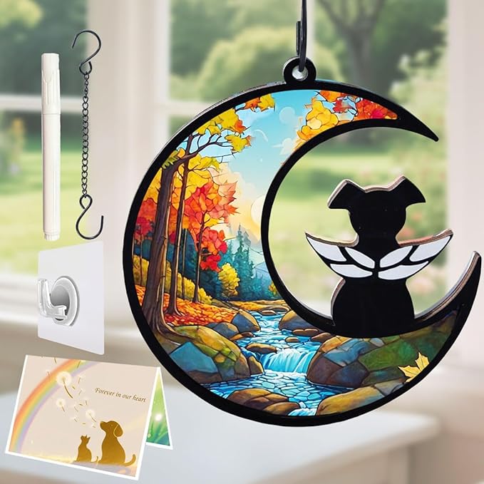Dog Angel Memorial Suncatcher with Rainbow Bridge Poem Card, Pet Sympathy Gifts for Loss of Dogs and Cats, Natural Landscape 2