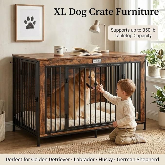 XL Dog Crate Furniture 48'' | Extra Large Heavy Duty Anti-Chew Dog Kennel | Rustic Wooden Entertainment Center & TV Stand with 350LB Top Capacity | Escape Proof Double Door Pet House