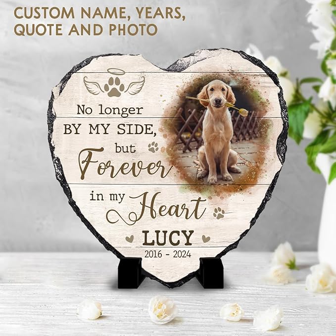 Personalized Memorial Gifts - Heart Shaped Stone with Dog Paw Prints and Cat Tribute - Selective Quotations, Picture Frame Gift for Pet Lovers to Decor Home and Table