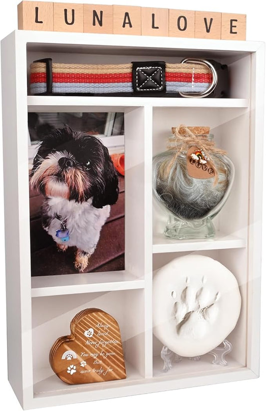 Pet Memorial Shadow Box with Shelves for Loss of Dog Cat Memorial Gifts 4X6 Picture Frame Paw Print Kit Fur Keepsake Heart Plaque Collar Holder and Personalized Blocks Pet Remembrance Sympathy Gift
