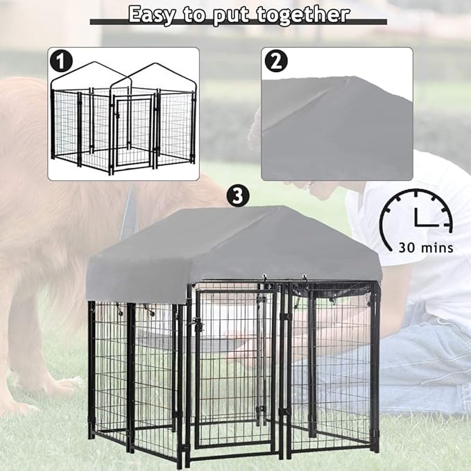 Dog Crate Dog Kennel Cage Outdoor Welded Wire Dog Playpen Heavy Duty Pet Exercise Pen with UV Protection Waterproof Cover and Roof Galvanized Metal Animal Kennel for Large Dogs, Black