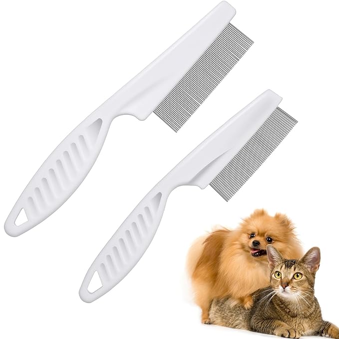 2 Pcs Flea Comb for Dogs and Cats, Stainless Steel Pet Grooming Combs Fine Tooth Dog Comb Pet Hair Removal Tool for Grooming Massaging and Cleaning (2 Sizes)