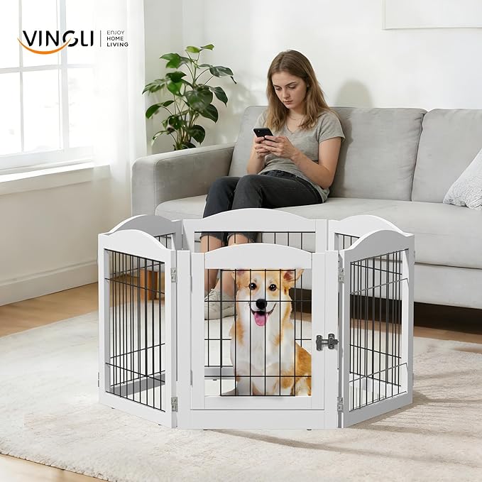 VINGLI Freestanding Dog Gate with Door, Pet Gate with Walk Through Door, Foldable Pet Safety Fence for Stairs Doorways Fireplace (24" H - 6 Panels)