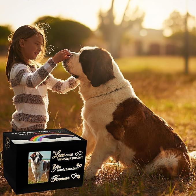 Sofunii Pet Urns for Dogs or Cats Ashes,Extra Large Wooden Funeral Cremation Memorial Box with Photo Frame,Rainbow Bridge Keepsake with Black Flannel as Lining,Loss Pet Memorial Remembrance Gift