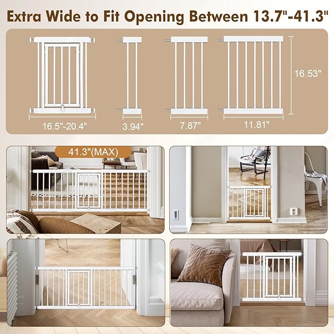 Dog Gate - 16.5" Small Pet Safety Gates,Easy to Step Over, 13.77"-41.3" Adjustable Extra Wide, Pressure Mounted Metal Doggy Gtae for Indoor,Kitchen