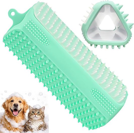3-in-1 Triangular Dog Bath Brush for Dogs & Cats, Silicone Pet Grooming Brush with Deshedding Bristles, Massage Cones & Deep Cleaning Nubs, Green
