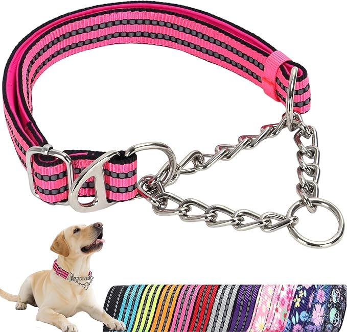 Reflective Martingale Dog Collar with Chain,No-Pull Dog Collar,Choke Dog Collar for Medium to Extra Large Dogs for Training, Walking, Hunting (Pink XXL)