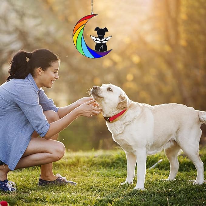 Dog Memorial Gifts for Loss of Dog Pet Sympathy Hanging Gift Black Angel Dog on Rainbow Moon Acrylic Beverage Suncatcher Ornaments Decor Window Wall Gift for Dog Lover