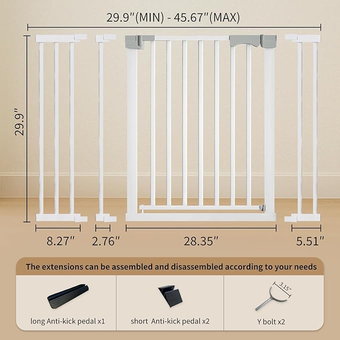 29.9-46" Wide Baby Gate for Door & Stair Safety Gate for Baby Dogs and Pets with 3 Extensions Adjustable Steel Barrier for Doorways and Hallways Easy Install White