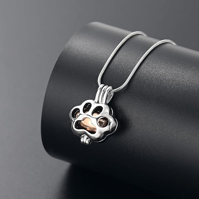 Pet Cremation Jewelry for Ashes Paw Memorial Locket Urn Necklace Keepsake Cremation Jewelry for Dog/Cat (Silver-Rose)