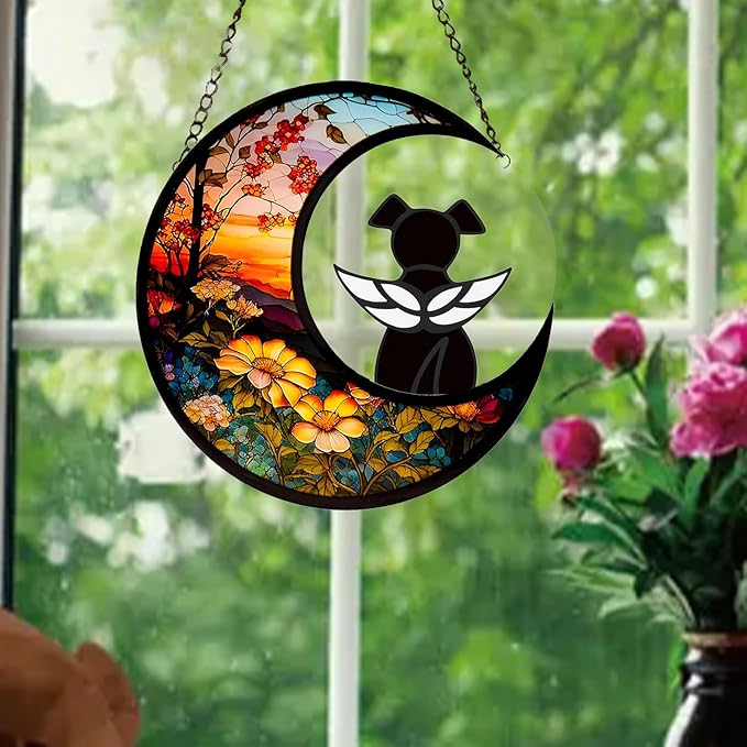 Dog Memorial Gifts for Loss of Dog Suncatcher, Black Angel Dog on Sunset Moon Dog Beverage Glass Ornaments Decor Window Wall Sympathy Gift for Dog Lover