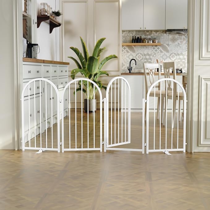 Full Metal Dog Gate with Door for Indoor Outdoor, 32" Tall Free Standing Pet Dog Fence, 72" Extra Wide Pet Gates for Stairs, Hallways, Doorways, Kitchen, Decks, Yards (White, 4 Panels)