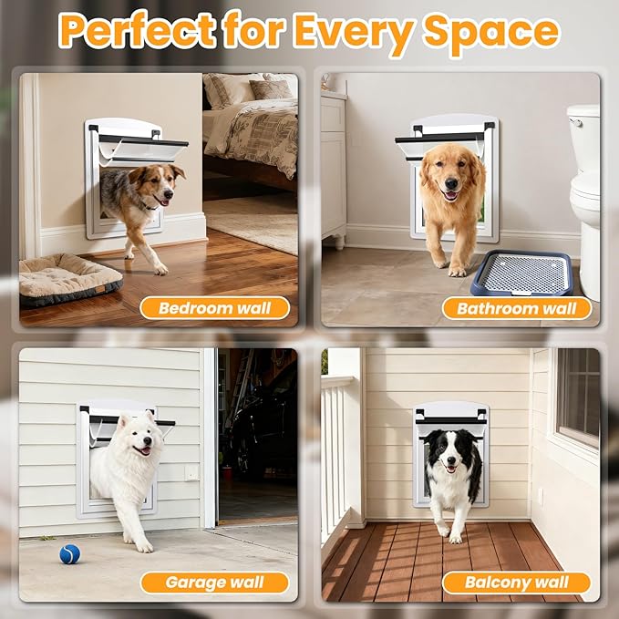 Dog Door for Wall, Steel Dog Door with Telescoping Tunnel, Weatherproof Pet Door with Two Sliding Lock Panels and Magnetic Flaps, Easy to Install, White, Large