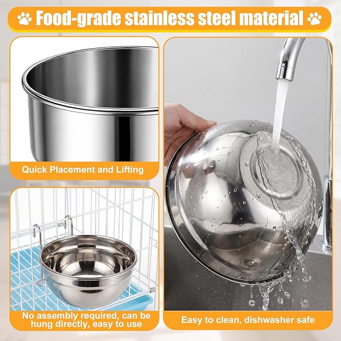 Zhehao 4 Pack Hanging Dog Water and Food Bowls for Kennel Cage, No Spill Dog Crate Water Bowl, Stainless Steel Bowls Dish for Dogs Crate Cage Accessories (35oz & 50oz & 65oz)