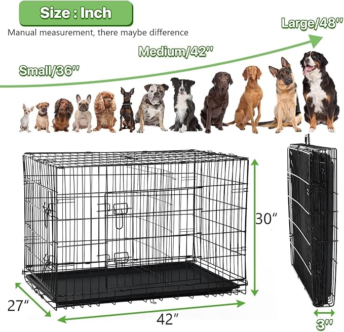 42 Inch Large Dog Crate Pet Cage Pet & Animal Kennel Dog Crate Furniture Metal Folding Two-Door Indoor Outdoor Strong Metal Dog Cage Divider and Handle Plastic Bottoms for Small/Medium Dogs…