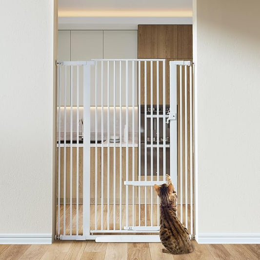 COMOMY 55.1" Extra Tall Pet Gate for Cats, Extra Wide Cat Gate with Adjustable Cat Door, Pressure Mounted Easy Walk Through Pet Gate with Door for Stairs, Doorways, Kitchen(White, 29.5-40.6")