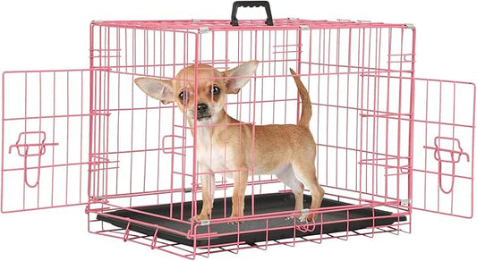 Wire Dog Crate 24 Inch Dog Kennel Cage, Double Door Folding Dog Cage, Wire Dog Kennel with Removable Tray, Indoor&Outdoor,Pink
