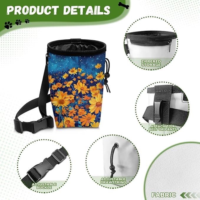 Night Daisy Dog Treat Bag Puppy Training Pouch Hands-Free Design Portable Dog Walking Bag Easily Carrying Treat Snack Bags Reward Pouch for Pet Travel or Outdoor Use