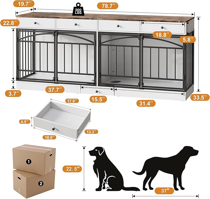 IDEALHOUSE 78.7" Double Dog Crate Furniture with Storage and 4 Doors, Dog Kennel Indoor with Feeding Bowls, Wood Dog Crate TV Stand for Small Medium Dogs, White