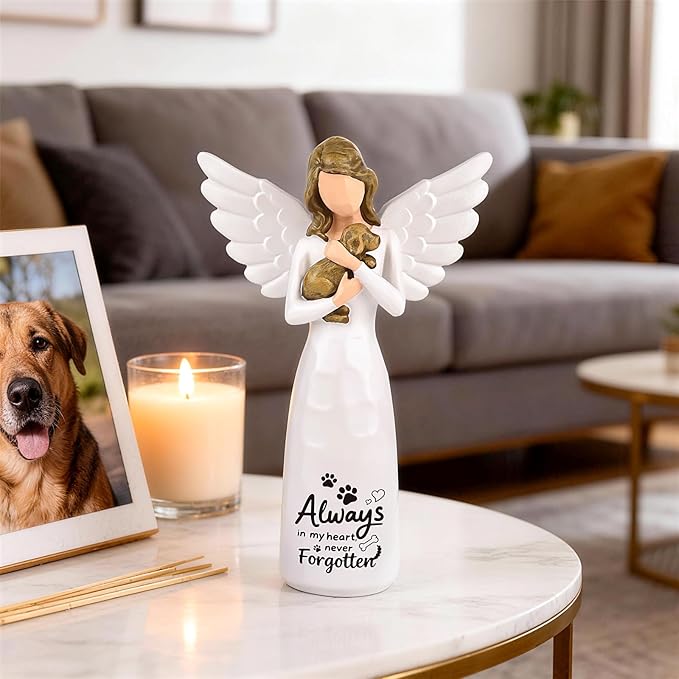 DALARAN Hand-Painted Angel Memorial Statue, Sympathy Gift for Loss of Dog with “Always in My Heart” Inscription, 14cm Remembrance Keepsake for Home Décor