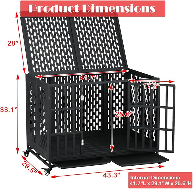 44 inch Heavy Duty Dog Crate with Wheels, Indestructible Escape-Proof Steel Pet Kennel for High Anxiety Large Medium Dogs, Chewproof Indoor Double Door Dog Kennel with 2 Trays, 3 Locks, XL