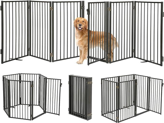 Metal Freestanding Dog Gates with Door for Outdoor Indoor,120'' Extra Wide 32'' Tall Free Standing Dog Gate for Doorways,Large Openings,Deck,Yard,Porch,Foldable Pet Fence(Black,6 Panels)
