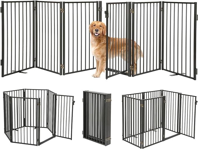 Metal Freestanding Dog Gates with Door for Outdoor Indoor,120'' Extra Wide 24'' Tall Free Standing Dog Gate for Doorways,Large Openings,Deck,Yard,Porch,Foldable Safety Pet Fence(Black,6 Panels)