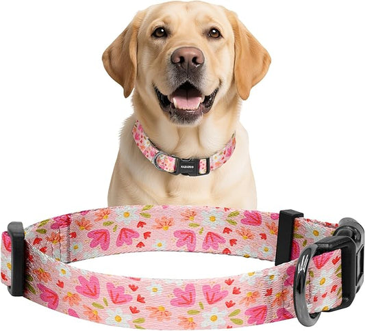 Kazazoo Dog Collar Cute and Soft Nylon Puppy Collar Girl, Adjustable Dog Collars for Medium Large Dogs, Pink Flowers-L