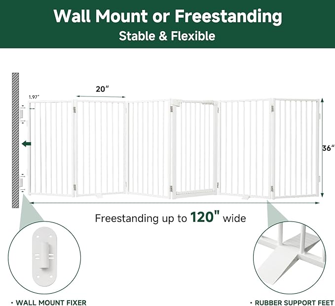 Snagle Paw Metal Freestanding Dog Gate with Door,120” W x 36” H Dog Fence with Support Feet for Doorways, Stairs and Hallways, Portable Pet Gate for Indoor Use (6 Panel, White)