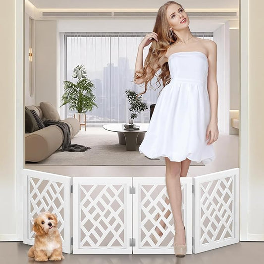 Cut-Out Design 16" Short Dog Gate for Small Dogs, Foldable Retractable Puppy Gate Indoor - Freestanding Lightweight Pet Barrier for Doorways, Stairs, Hallways (Extends to 41", White)