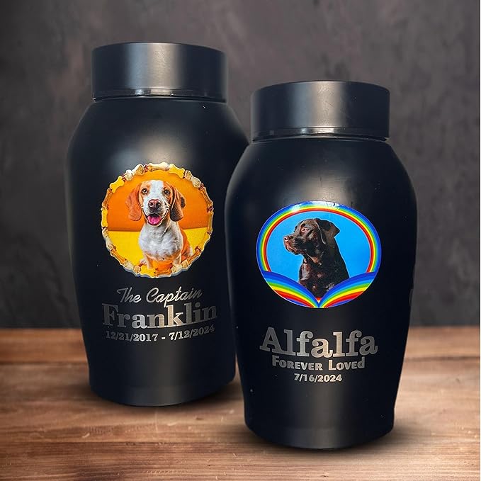 Personalized Custom Photo Dog Urn Engraved Dog Name and Date Stainless Steel Cremation Urns for Dogs Ashes with Pet Photo | Up to 50 Lbs | Standard 7" x 5" | Black