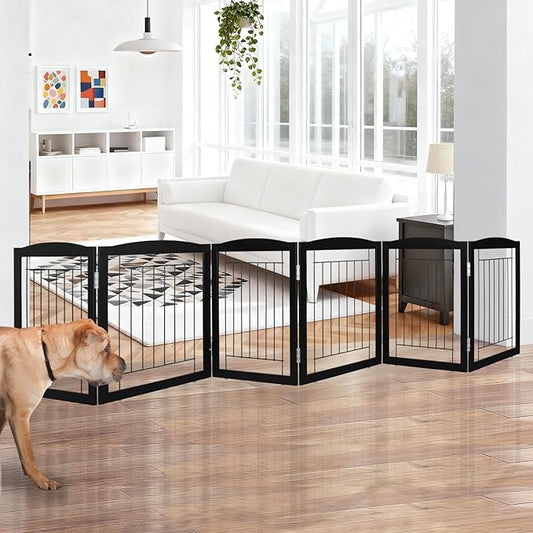 ZJSF Freestanding Foldable Dog Gate for House Extra Wide Wooden Black Indoor Puppy Gate Stairs Dog Gates Doorways Tall Pet Gate 6 Panels Fence
