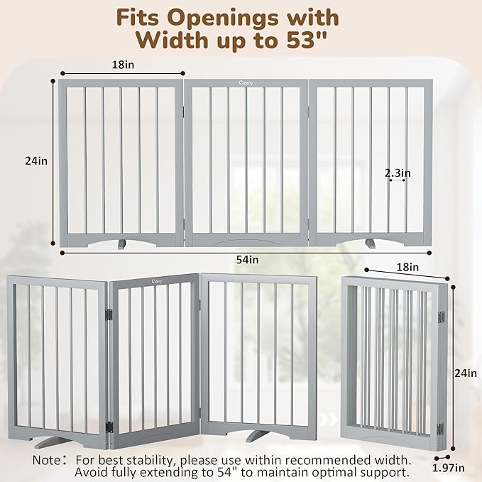 Free Standing Dog Gate Indoor, Foldable Dog Gate for Doorways Stairs Hallways, 3-Panel Freestanding Pet Gate with Support Feet for Stability, Folding Puppy Gate Easy to Move, Doggy Gate 54"x24"