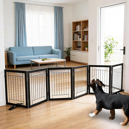 ZJSF Freestanding Dog Gate Indoor, Foldable Dog Fence for Doorways,Hallways or Stairs, Sturdy Wood Extra Wide Pet Gate with Support Feet,Black,24 "Height-6 Panels