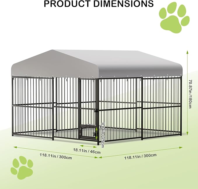 10x10x6 FT Outdoor Dog Kennel with Roof, Heavy-Duty Large Dog Cage with Lock, Waterproof Cover & Bowls, Pet Enclosure for Medium & Large Dogs
