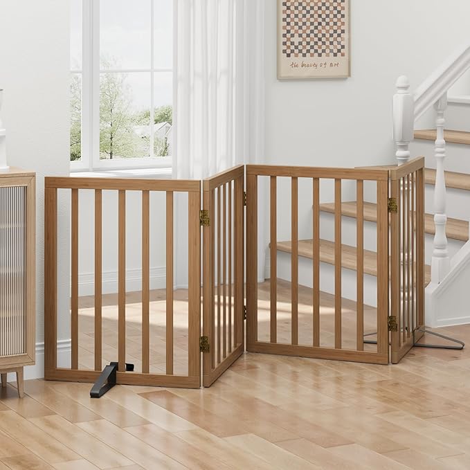 Dog Gates for Doorways, Freestanding Dog Gate Indoor, Foldable Pet Gates for Doorways Bedroom, Puppy Gate with Metal Support Feet, Room Divider 4 Panels (Dark Walnut)