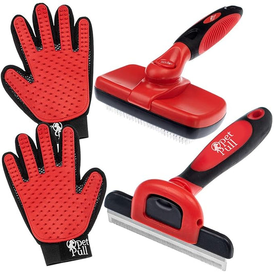 Complete Professional Pet Grooming Kit Self Cleaning Slicker Brush for Dogs & Cats - Pro Grooming Brushes Effectively Reduces Shedding Fur Hair Remover Brush Gloves - Combo Gift Set