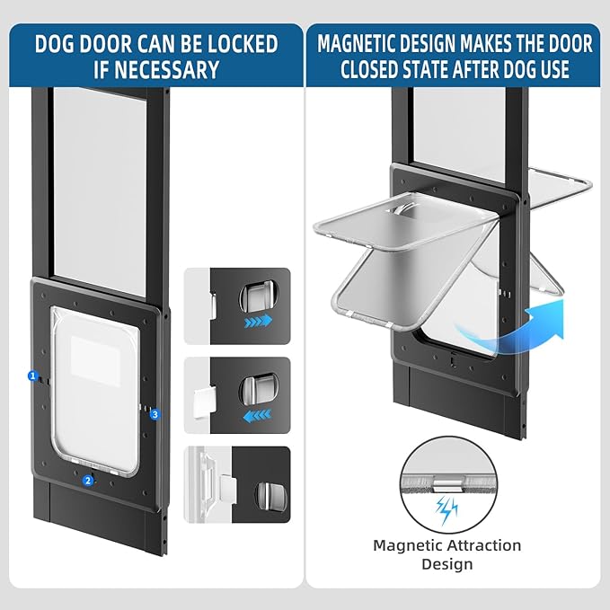 Dog Door for Sliding Glass Door, Magnetic Plastic Flap Sliding Door Pet Insert with Lock, Adjustable Height 74.2”-80.7”, No-Cut Installation for Patio Dog Access(Black S)