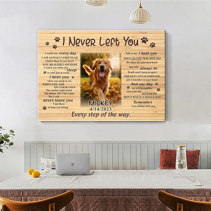 C72613 I Never Left You Canvas, Dog Memorial Canvas Gifts Custom Photo, Personalized Memorial Loss of Loved One, Sympathy for Dog Lovers Mom Dad Photo Memorial With Name Date