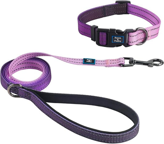 Roses&Poetry Lightpurple Medium Dog Collar and Leash Set, Puppy Reflective Leashes with Collars, Adjustable Durable Matching Collar Leash for Medium Dogs Girl (Lightpurple-M)