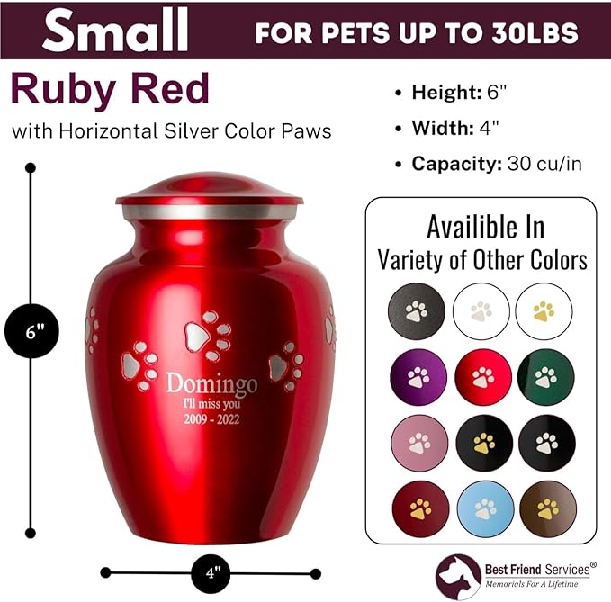 Ottillie Paws Premier Series Pet Urn for Dogs and Cats with Personalized Laser Engraving (Small - Pets up to 25 lbs, Ruby Red with Horizontal Pewter Paws)