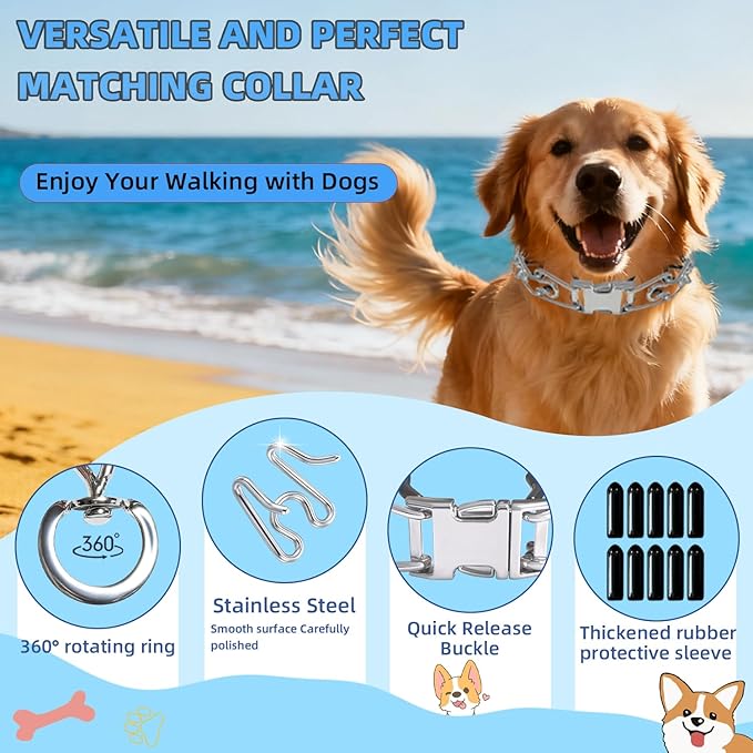 Prong Training Collar for Dogs, Adjustable Dog Pinch Collar with Quick Release Buckle, No Pull Collar for Small Medium Large Dogs, Extra Link and Caps