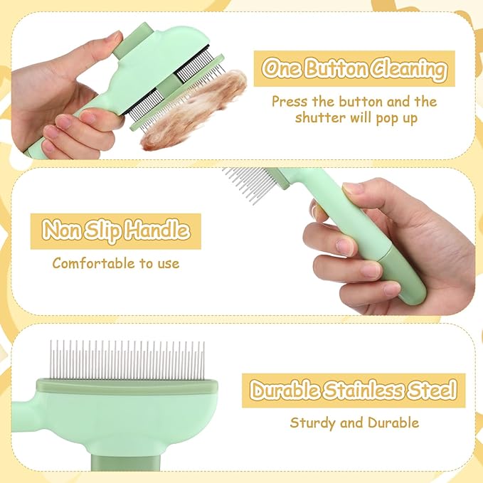Meanplan 6 Pcs Pet Hair Removal Comb Flea Comb for Cats Dogs One Click Self Cleaning Grooming Brush Bulk Dogs Long Short Stainless Steel Teeth for Shedding Massaging Cleaning Pet Hair (2 Style)